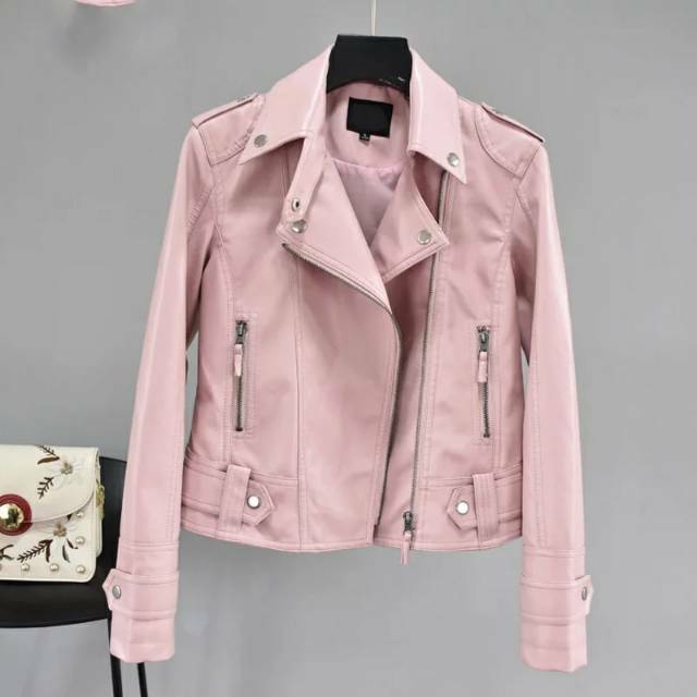 [BISA COD] Jaket Wanita Semi Kulit Sintetis Crop Warna Pink