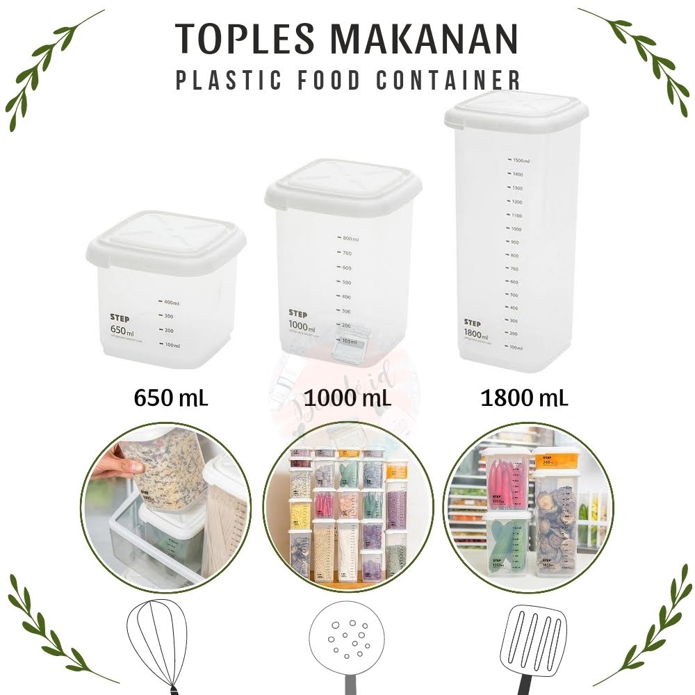 Toples Wadah Tempat Penyimpanan Makanan Premium Model Kotak Plastik Untuk Pasta Coklat Snack Beras Sereal Kue Kering Sayuran Masuk Kulkas Food Storage Jar Container Organizer 650/1000/1800 ML