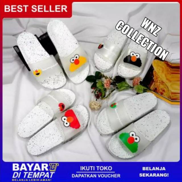 WnZcollection / Sandal Elmo Putih / Sandal Elmo Karet / Sandal Wanita / Flat Wanita / Sandal Bintik