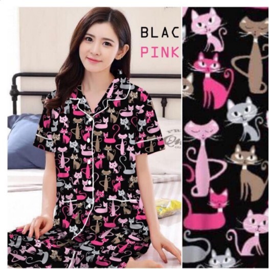 [EF] Baju Tidur Lengan Pendek dan Lengan Panjang - Piyama Dewasa Motif Kucing