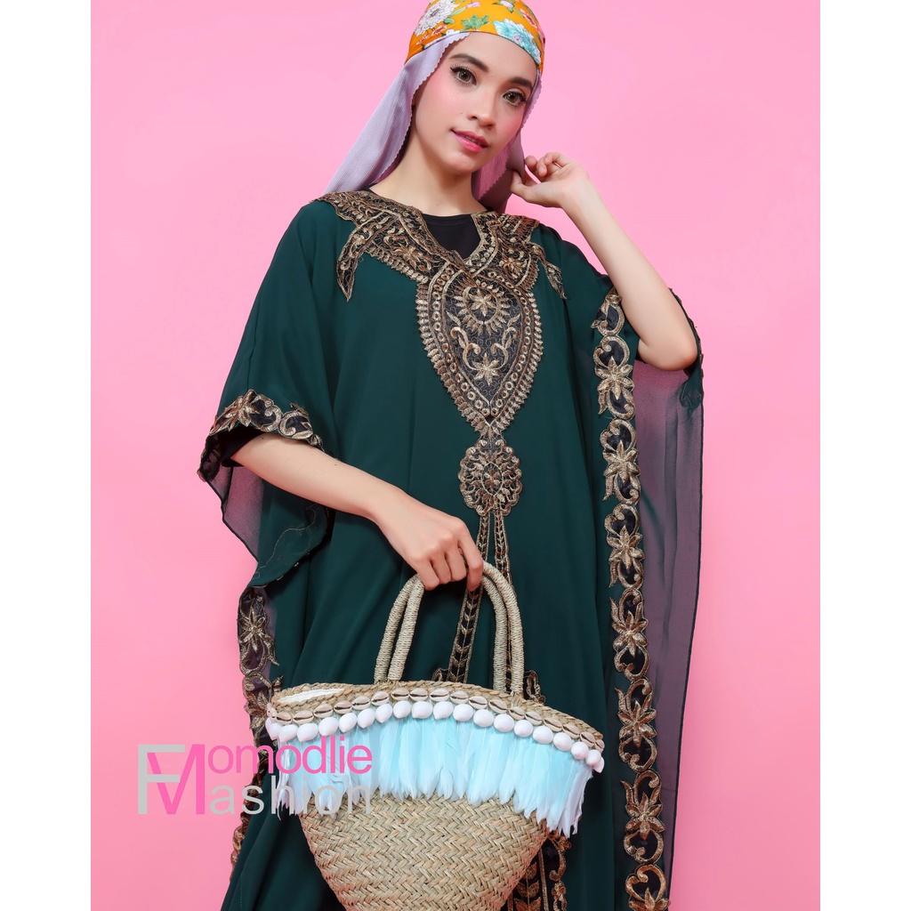 kaftan hijau botol kaftan mewah kaftan murah kaftan lebaran modis modern terbaru by momodlie fashion