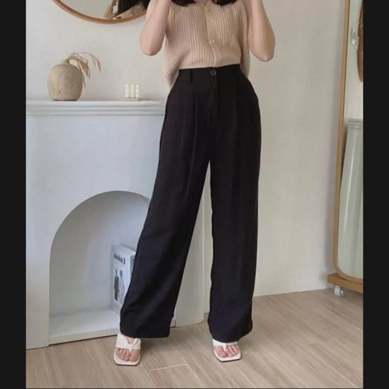 Loose Pants Celana Kulot Crinkle Highwaist Wanita/Long Pants /Loose Cullote Pants