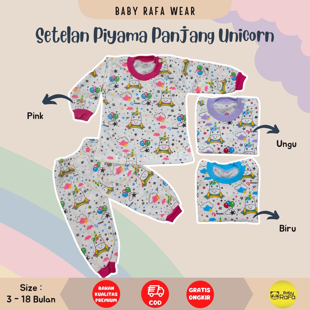 Setelan Piyama Baju Bayi Panjang Perempuan 3 - 18 Bulan merk VIORI motif UNICORN TERBARU