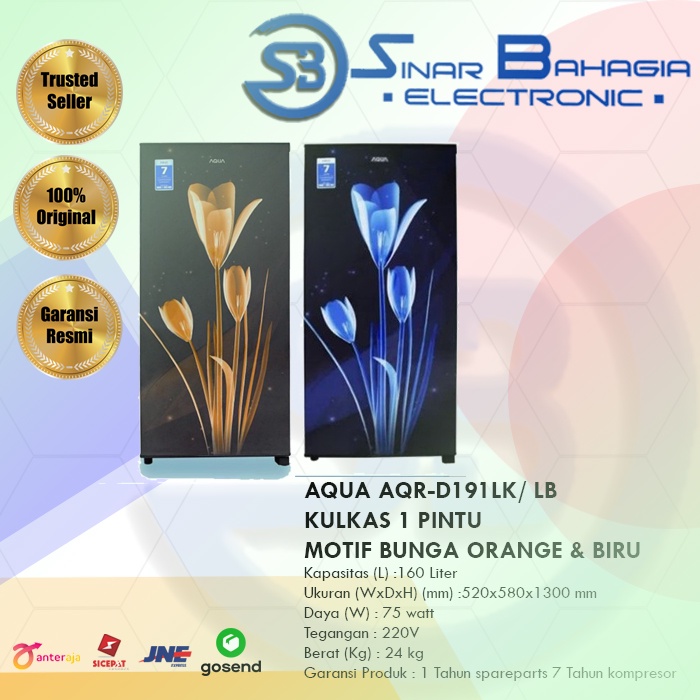 AQUA AQR-D191LK/ LB KULKAS 1 PINTU MOTIF BUNGA ORANGE/ BIRU (NEW) (KHUSUS BANDUNG)