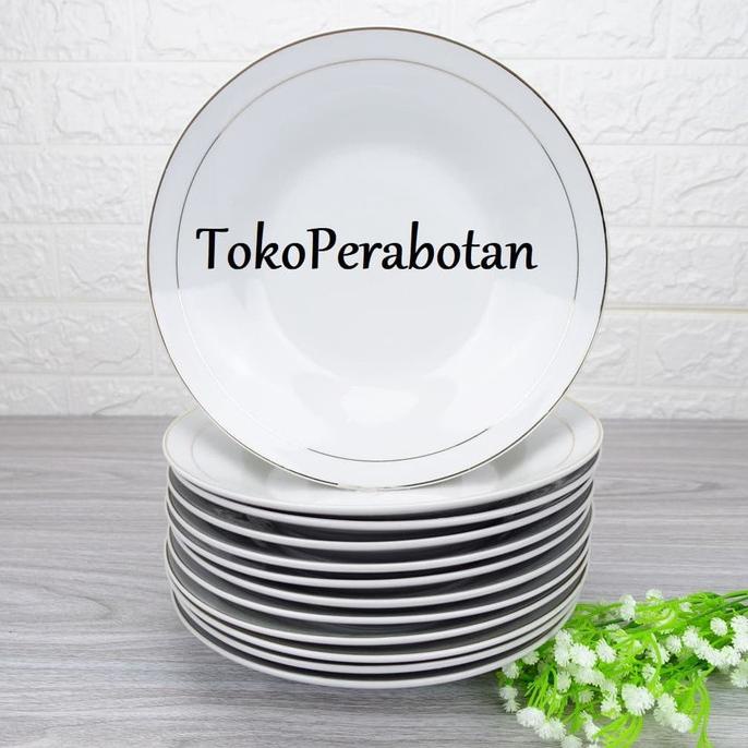 Piring Makan Keramik HW 9 inchi (lis emas) /lusin - Putih