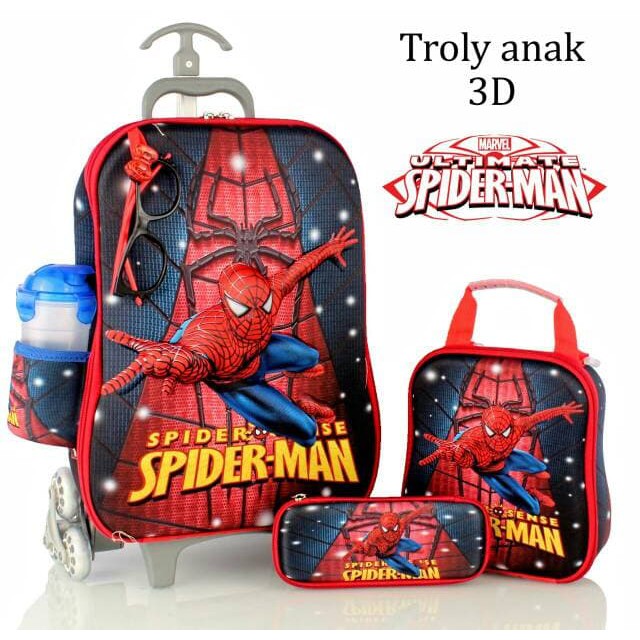 "Tas Trolley Anak Spiderman Kaca mata 3D 5in1"