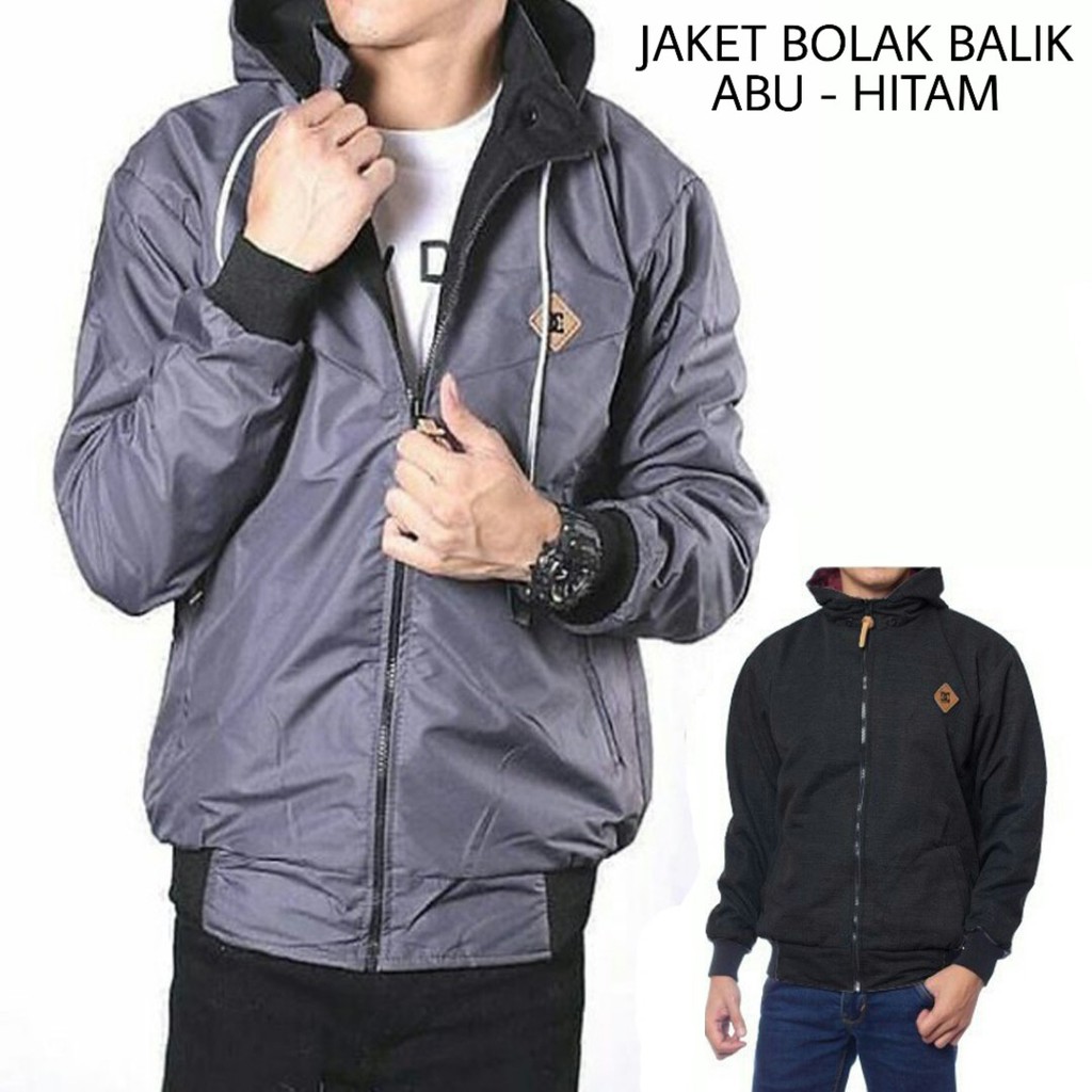 JAKET BOLAK BALIK 2IN1 JAKET MOTOR JAKET BB JAKET PARASUT JAKET PRIA WANITA JAKET DISTRO PRIA WANITA-DC ABU TUA - HITM ML