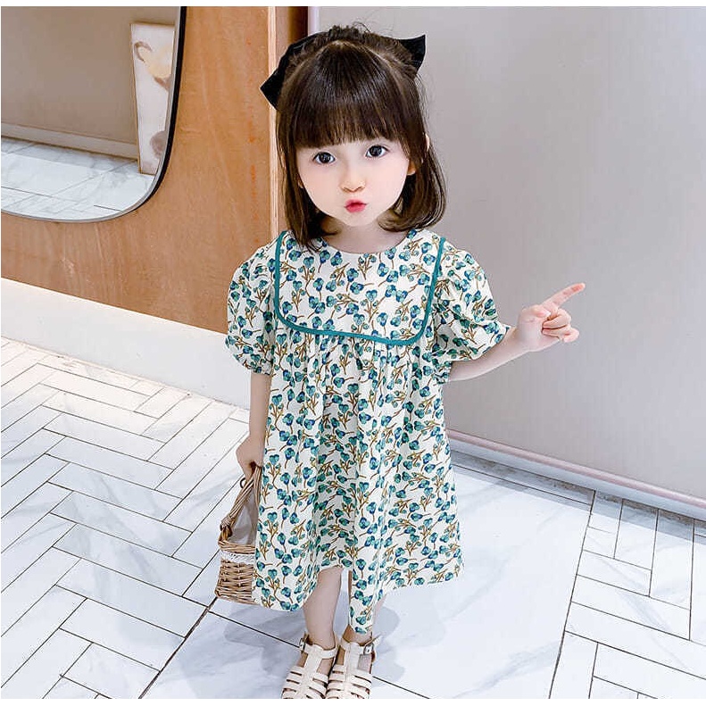 Dress Anak Perempuan Korean Fashion Floral Printed Warna Hijau Short-sleeve Gaun