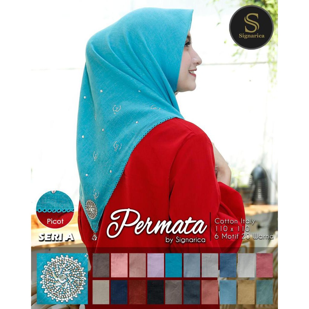 SEGIEMPAT PERMATA PICOT HIJAB BY SIGNARICA BAHAN VOAL COTTON ITALY 110 X 110 SEGI EMPAT MEWAH GROSIR