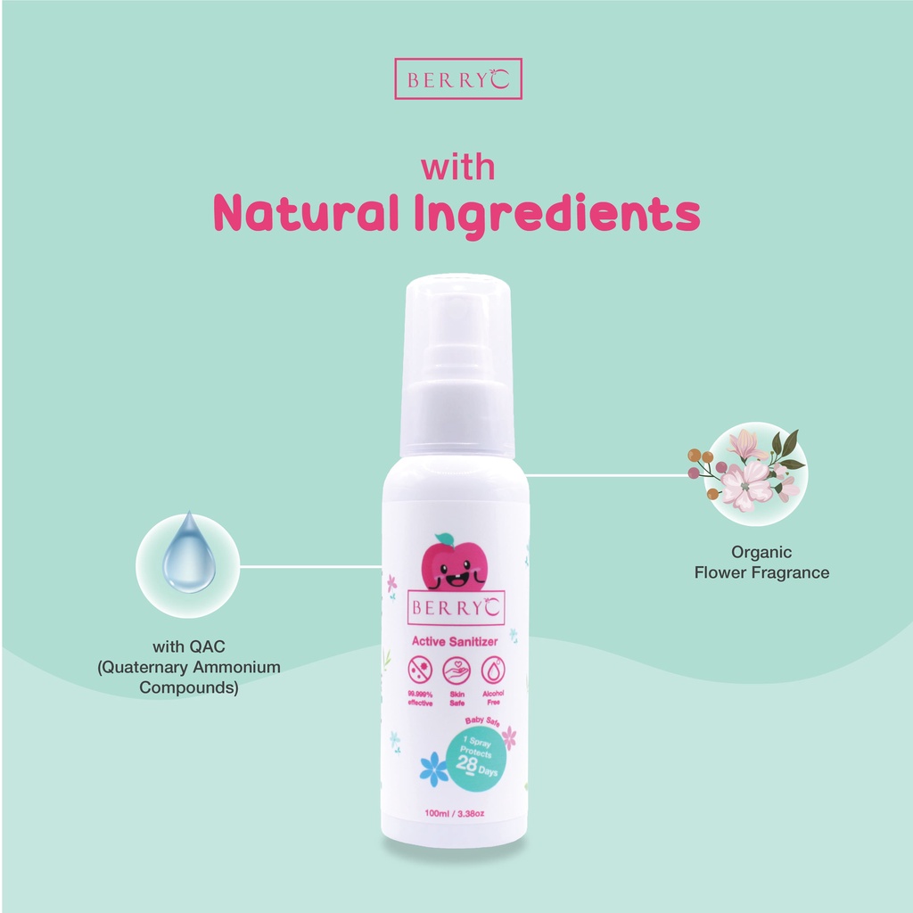 BerryC Active Sanitizer Spray 100ml Natural Food Grade Hand Antiseptik Non Alcohol Alkohol Aman untuk Bayi Anak Dewasa COVID19 HFMD Alat Makan Travel Size Refill Malaysia Halal Proteksi Protection Perlindungan Aktif Coronavirus Organik Harum Sensitif Skin