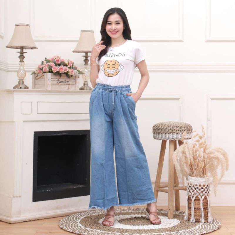 Celana Kulot Panjang Soft Jeans Wash Fit to Size Murah Wanita Kekinian