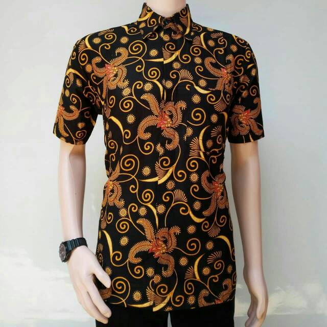 Kemeja Batik Pria Sogan Putri Malu Pagar Wangi Daun Jatuh Hitam Manis Diskon Murah Grosir Batik