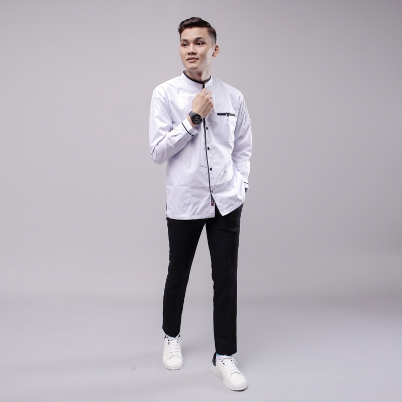 Baju Koko Pria Lengan Panjang Original Elrumi Motif LC / Baju Koko Polos Warna Putih