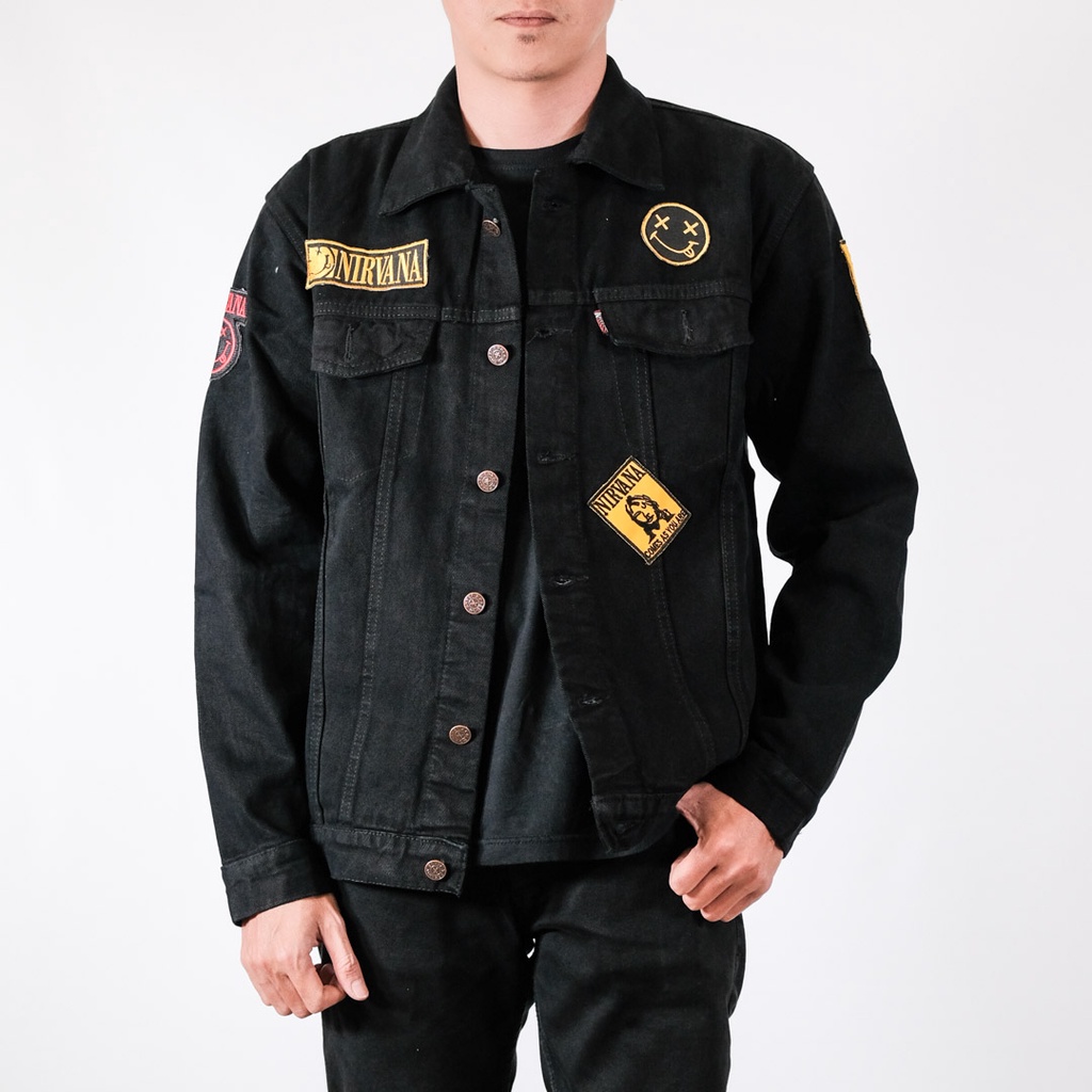 Jaket Jeans Bordir Hitam / Jaket Denim Patch Band - Nirvana