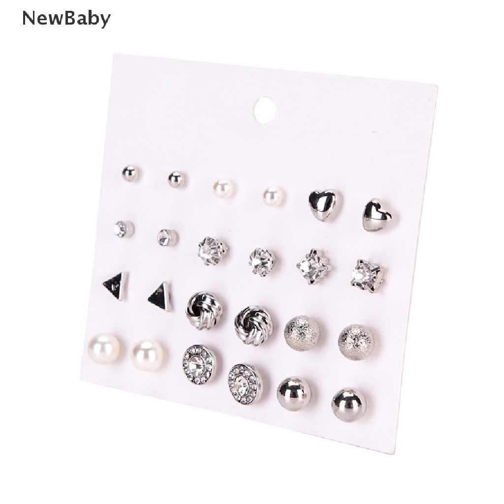 12 Pasang / Set Anting Stud Bentuk Hati Segitiga Aksen Mutiara Kristal Untuk Wanita