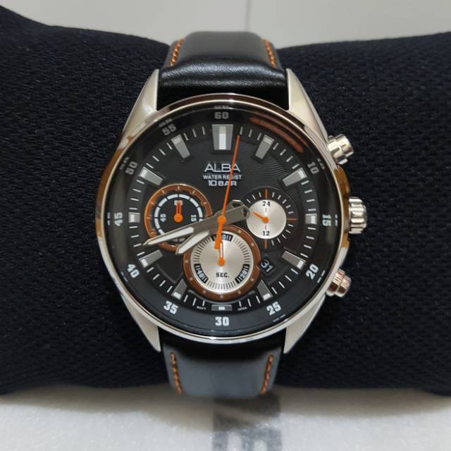 Jam tangan alba AT3F97X1 pria original silver black tali kulit hitam