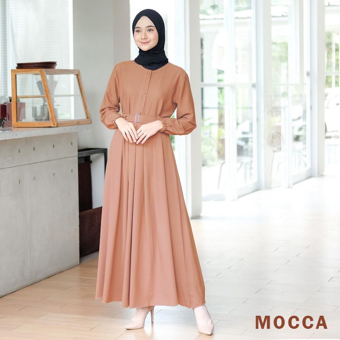 Gamis Terbaru Long Aluna Maxi Dress Kondangan Wanita Muslim Syari Remaja Murah Kekinian Terbaru 2021 BUSUI BUMIL DRESS MOSCREPE-MOCCA+BELT