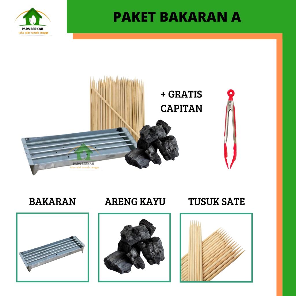 Paket Bakaran Sate Persegi Panjang/Panggangan Sate/Tusuk sate/Areng Arang Kayu/ Gratis Capitan Silik