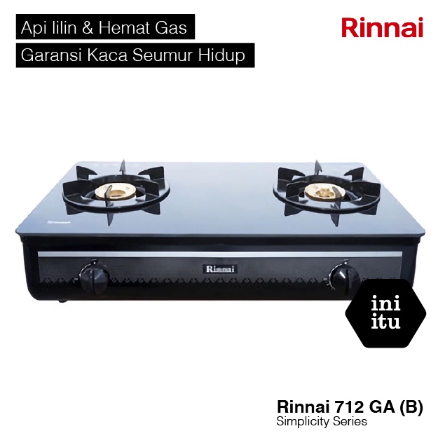 [ Rinnai ] Kompor Gas Kaca 2 Tungku Tempred Glass 712 GA Hitam [API BESAR]!