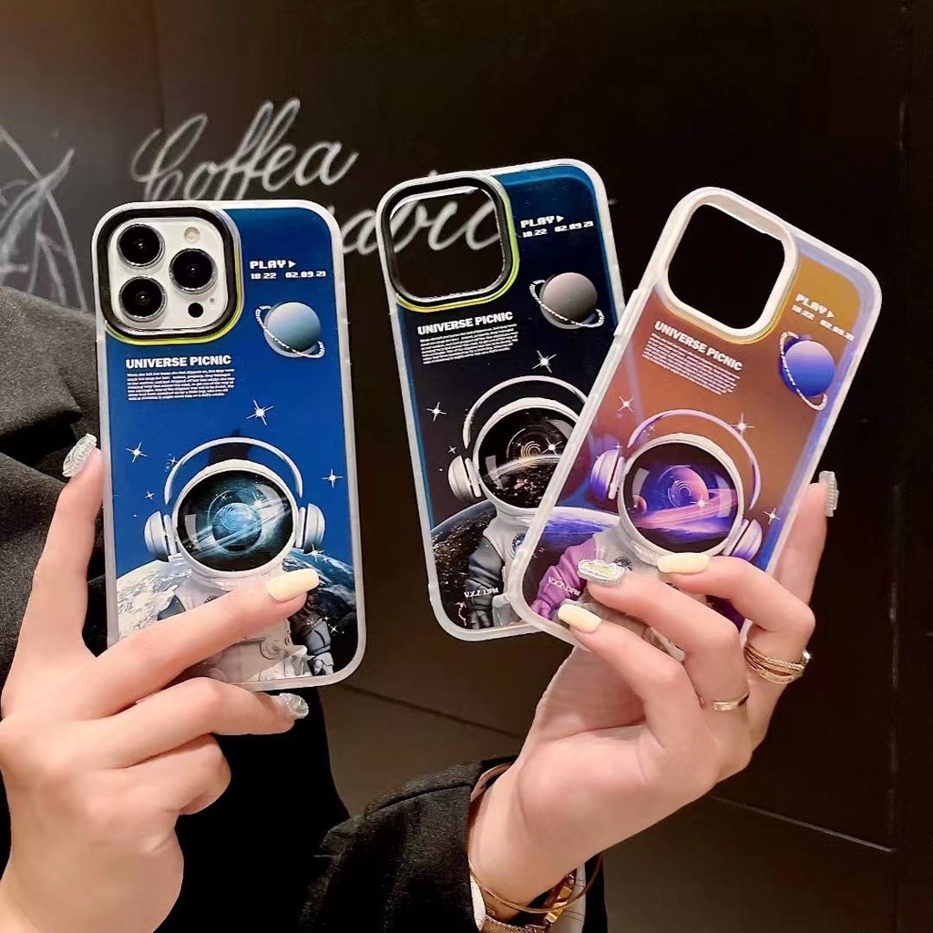 LASER ASTRONAUT PHONE CASE FOR CASE IPHONE 13 12 11 14 PRO MAX 14 MAX XR X XS MAX AVIATION ILLUSTRATION GLITTER ACRYLIC BACK