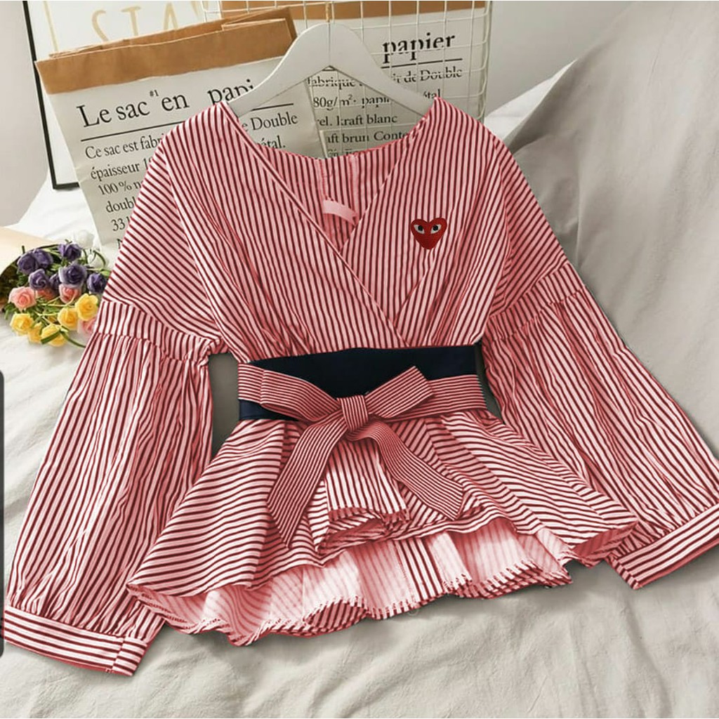 FWG - BLOUSE DAIMA / BLOUSE SALUR / BLOUSE KOREA / ATASAN TERBARU  / ATASAN WANITA-DAIMA GARCON MERAH