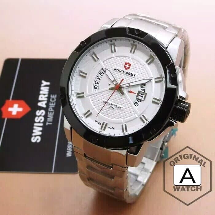 Jam Tangan Pria SWISS ARMY Original Limited White Black Silver Murah - Warna A
