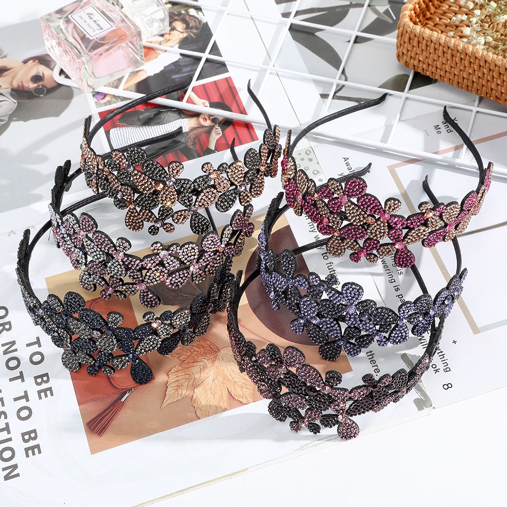 Korean Retro Bow Flower Rhinestone Headband Crystal Diamond Elegant Hair Band New Wide Hair Accessories