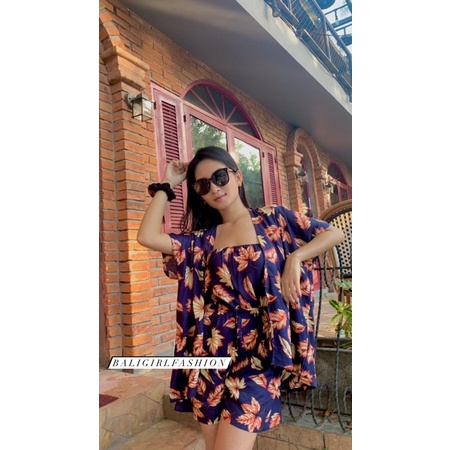 [BaliGirl] One Set Cardigan Kemben Celana Pendek Motif Daun