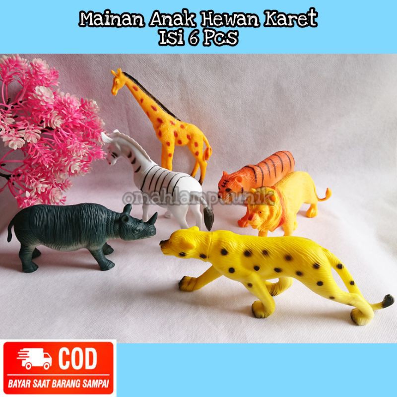 Mainan Anak Miniatur Hewan Karet/ Binatang Liar Karet/ Zoo Animal Karet Isi 6 Pcs