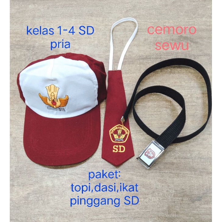 Paket seragam sekolah topi merah putih,dasi pria dan ikat pinggang ukuran SD kelas 1-4