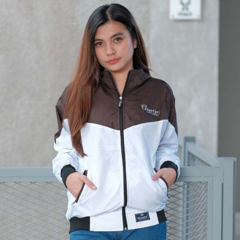JAKET WANITA PARASUT ELZANTERI ORIGINAL / JAKET CEWEK TERLARIS / JAKET TERBARU-Darkbrown - White