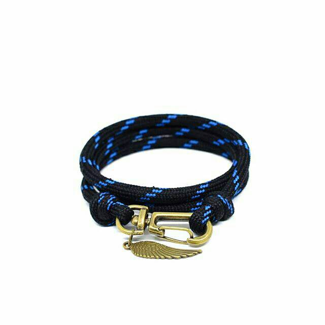 Gelang Pria Wanita Cowok Laki Laki Paracord Prusik Hitam Biru Charm Sayap