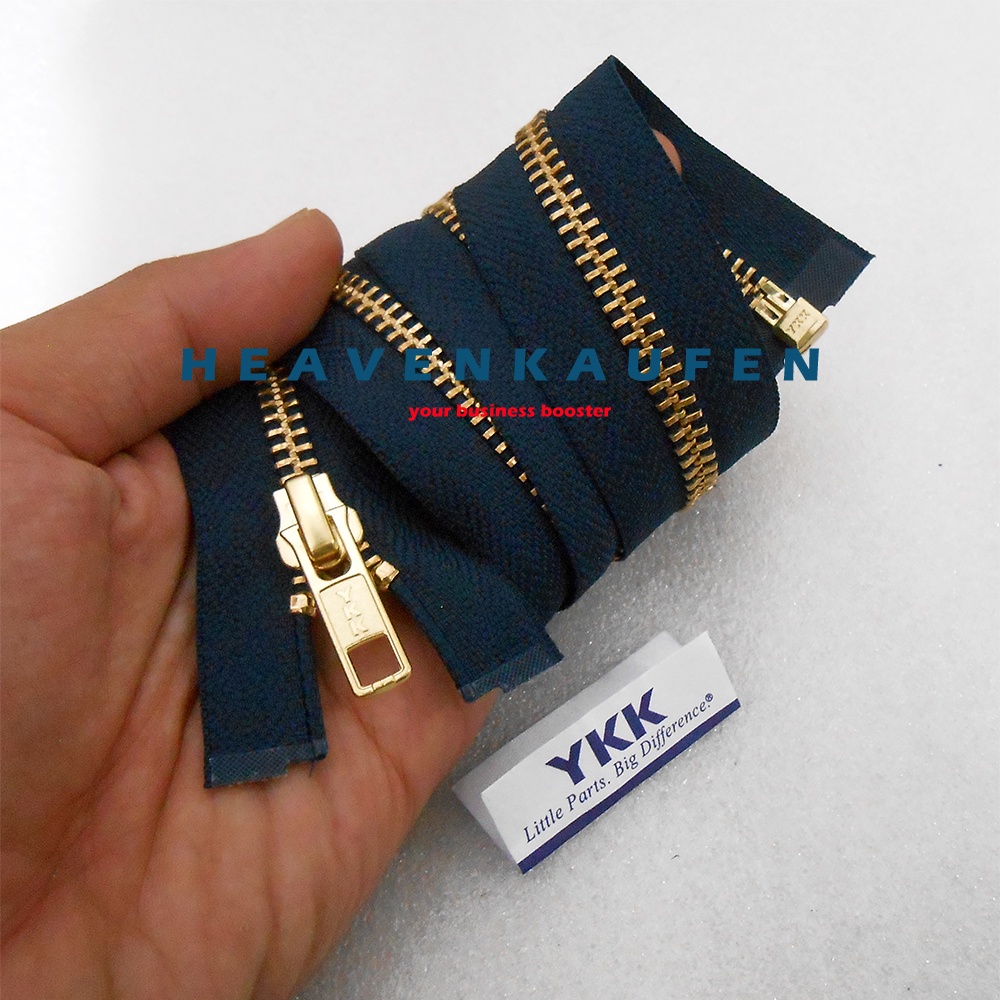 Resleting Zipper Jaket YKK 65 cm / 26 inch Warna Biru Navy Dongker - Gold Emas Set Open - End Buka - Lepas Type Gigi Besi