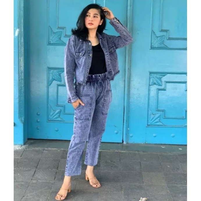 ONE SET JAKET JEANS// SETELAN WANITA// SETELAN JAKET CROP DAN CELANA BAGGY