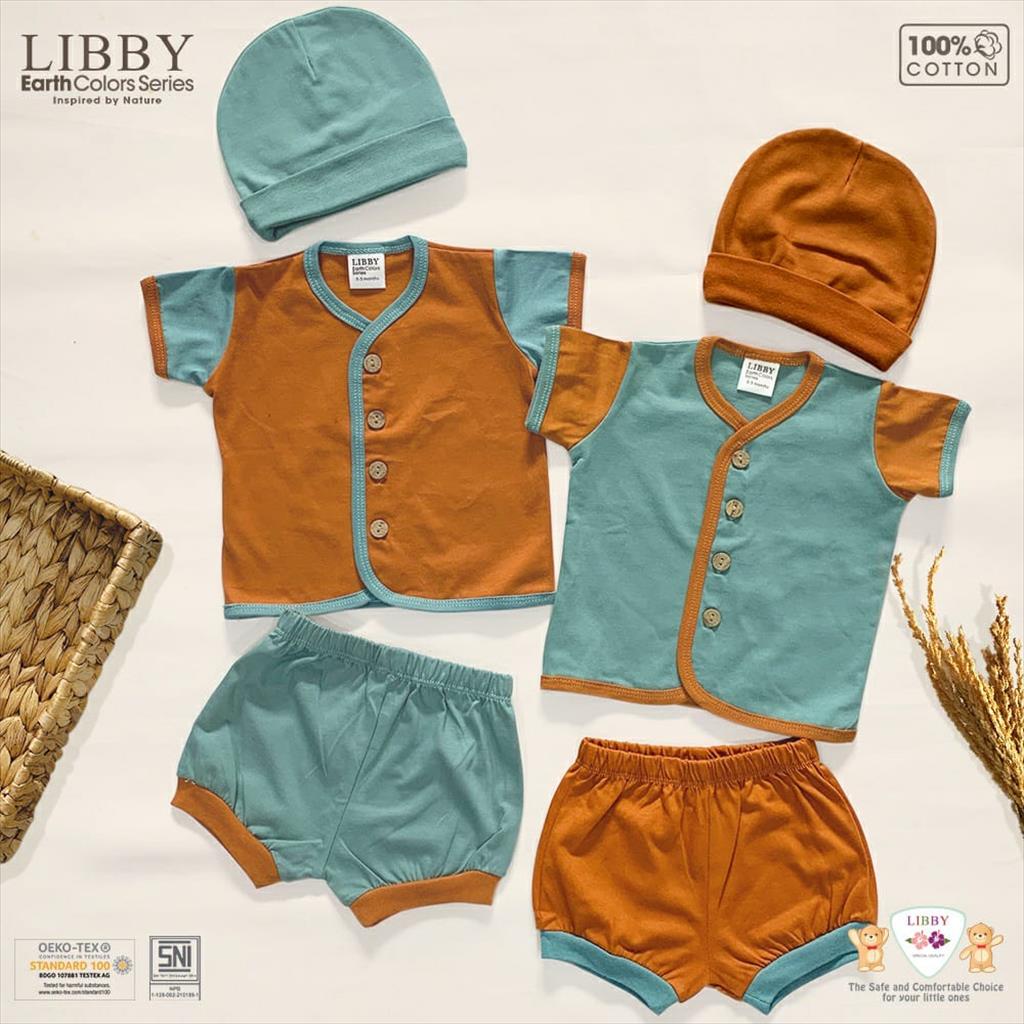 LIBBY (1pcs) Comfy Set Kombinasi Earth Series Stelan Baju + Celana PENDEK (0-2 Thn)