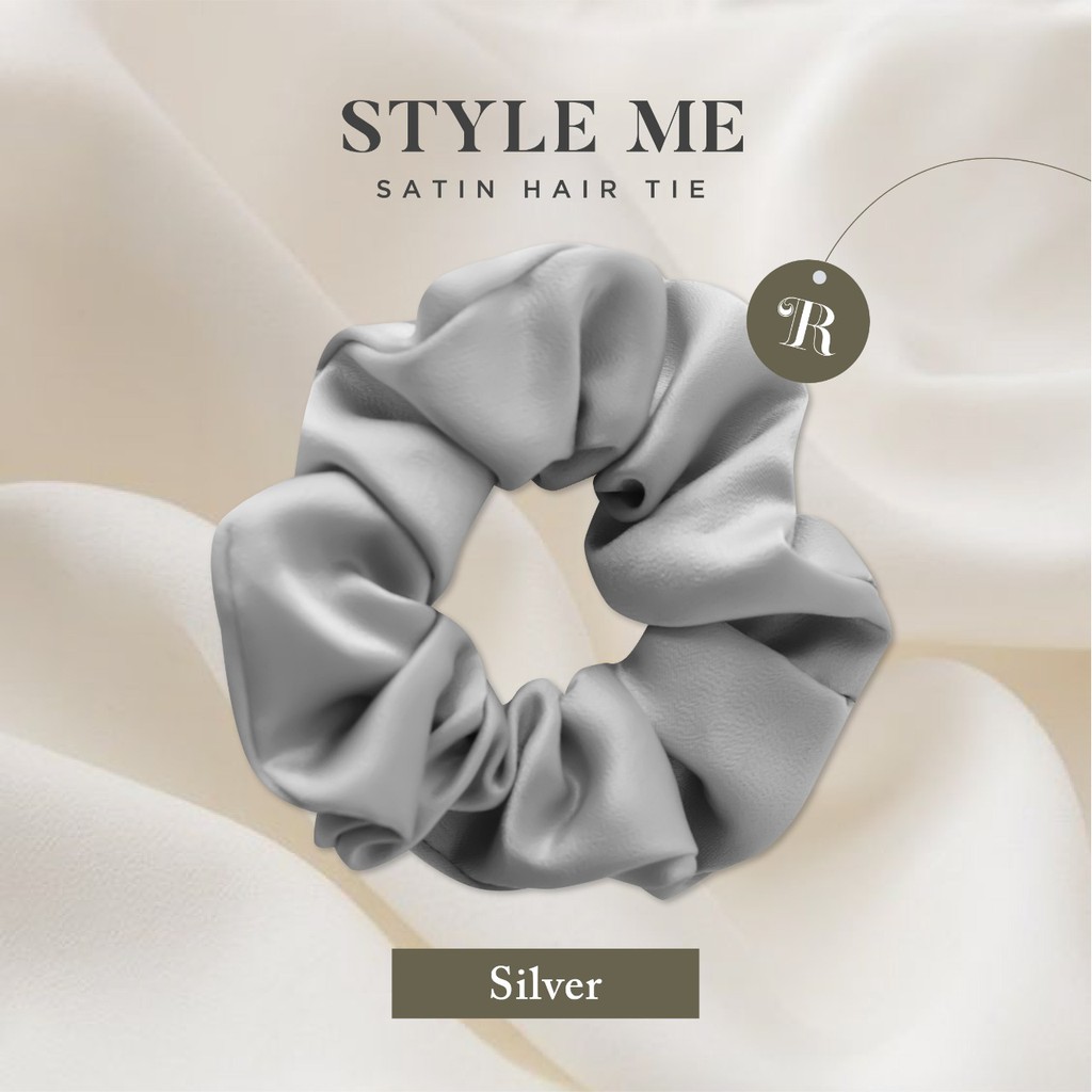 Scrunchies Premium Satin Silk MAXI The Rituale | Ikat Rambut Kuncir Hijab Cepol | Anti Rontok Pusing-Silver