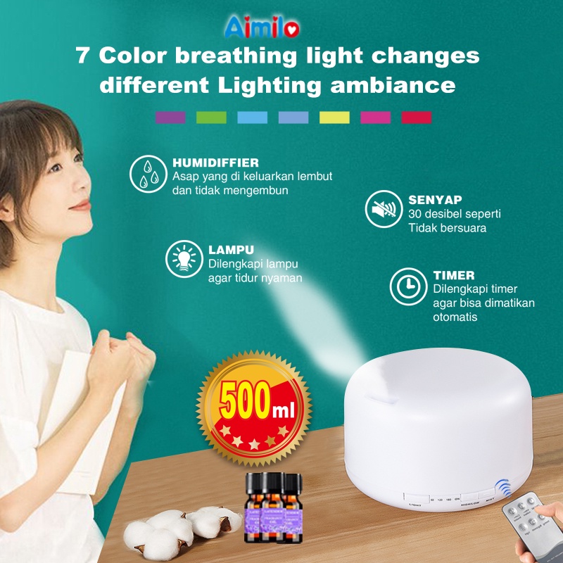 (Aimilo) Humidifier Diffuser Air Purifier Aromaterapi Essential oil Difuser Ruangan 500ml +Remote-7