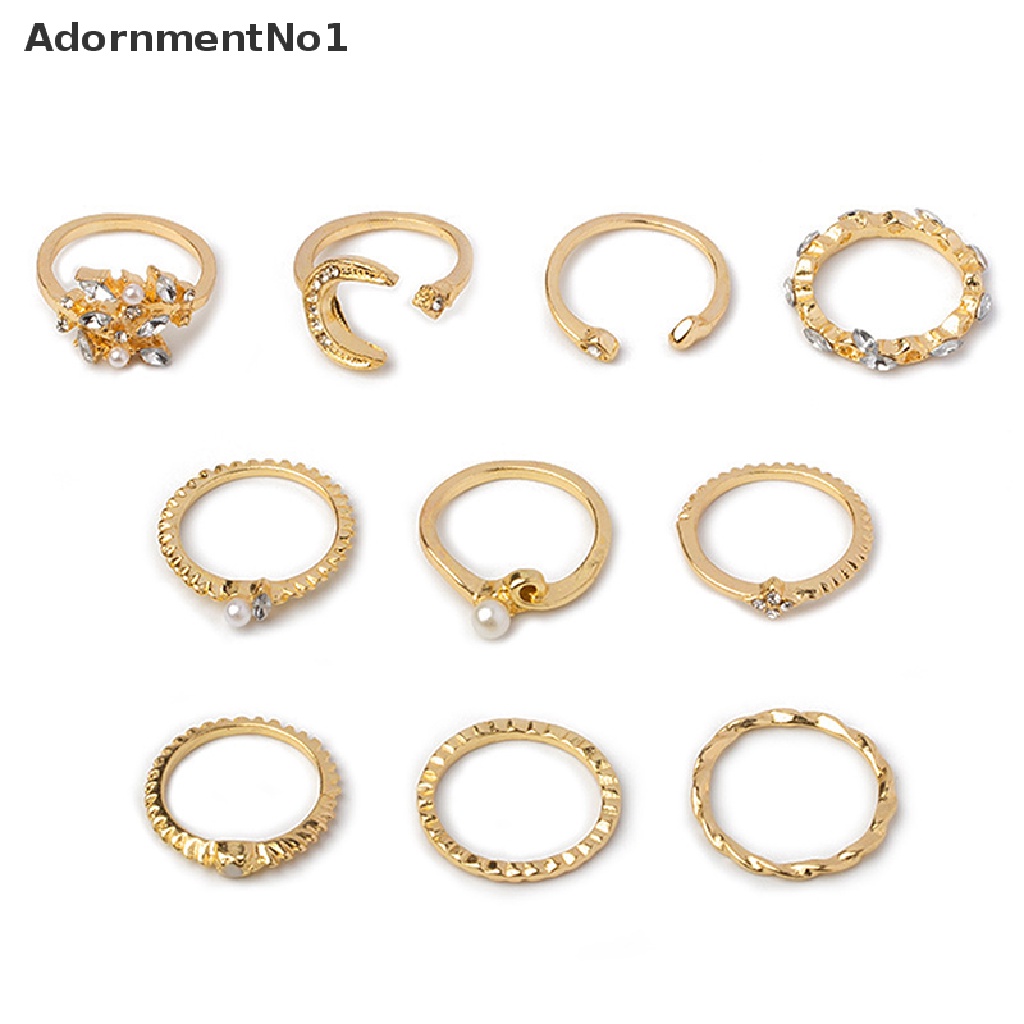 (AdornmentNo1) 10pcs / set Cincin Bentuk Bunga / Daun / Bulan / Bintang / Geometri Aksen Kristal / Mutiara Untuk Perhiasan Wanita