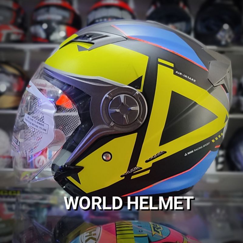 HELM NHK GLADIATOR MOTIF GRANDE BLACK YELLOW BLUE DOP DOUBLE VISOR
