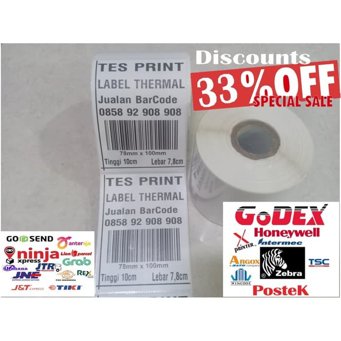 

Terlaris 300 pcs LABEL THERMAL 78X100 MM XPrinter XP-360B Uk 78 X 100 | 1 LINE Keren