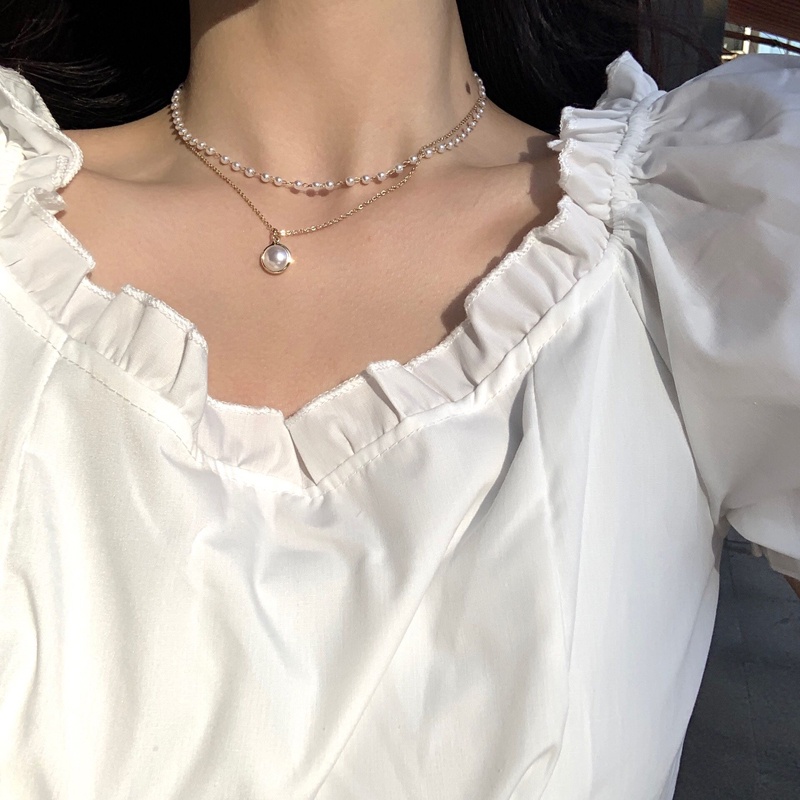 Kalung Rantai Klavikula Model Lapis Ganda Aksen Mutiara Untuk Aksesoris