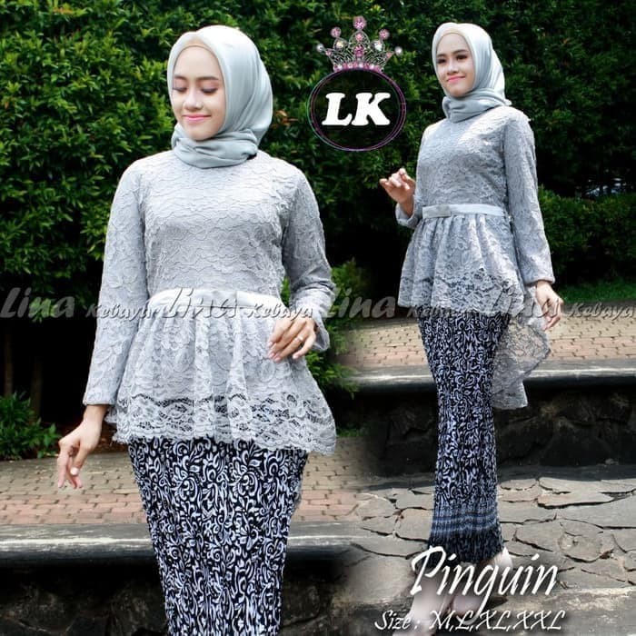 Setelan kebaya brokat aurora coksu/kebaya wisuda/kebay brokat/baju wanita/rok plisket/kebaya pinguin-Set grey