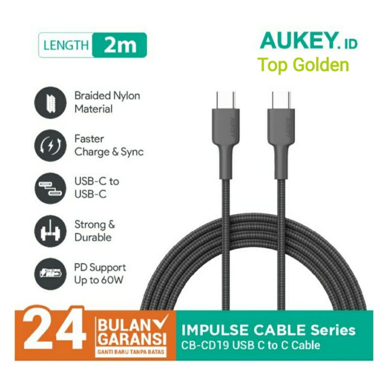 Aukey Kabel Charger Type C to C, Aukey CB-CD19 Braided Nylon 2M Black