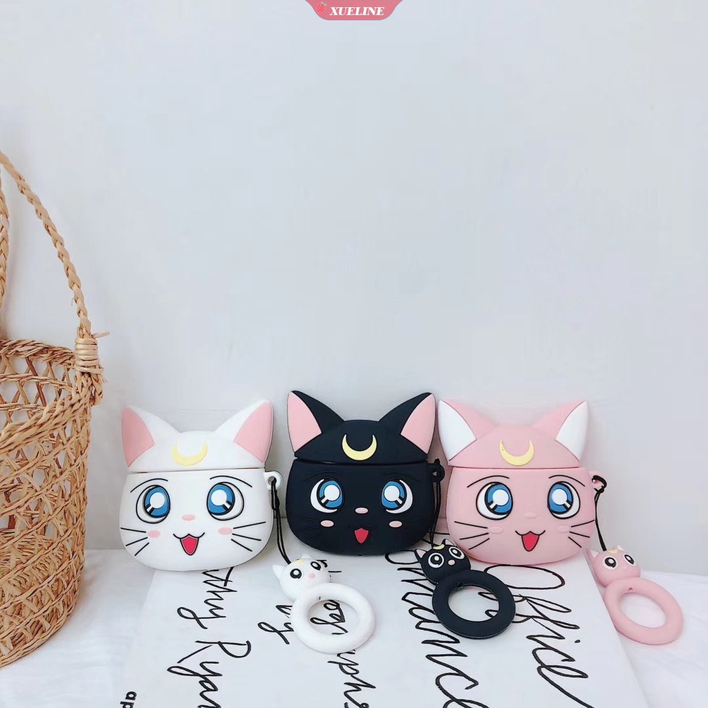 Cover Pelindung Headphone Bluetooth Bahan Silikon Anti Jatuh Motif Kartun Sailor Moon Luna Cat Untuk AirPods 1 2