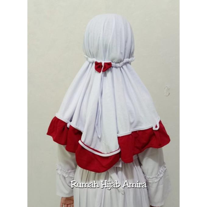 JILBAB ANAK KAOS SEKOLAH PITA KARET HIJAB PUTIH MERAH