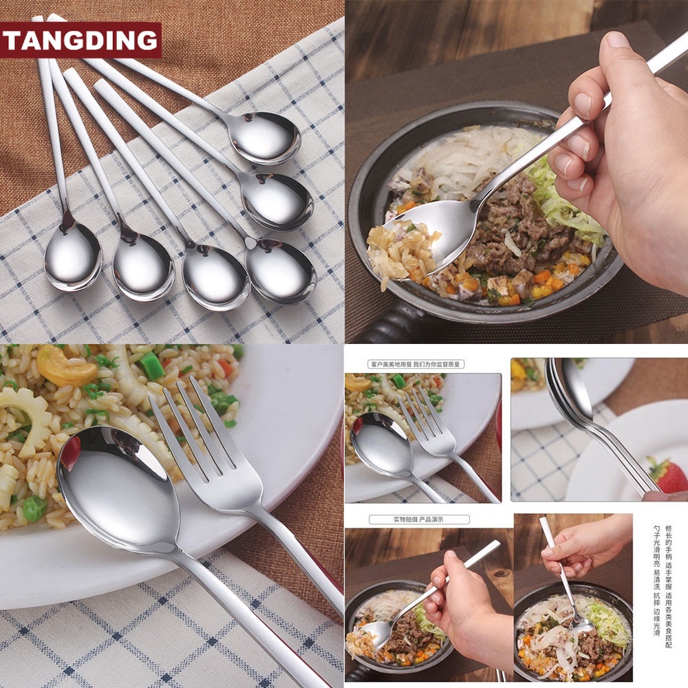 【COD Tangding】Sendok Garpu Bentuk Kotak Bahan Stainless Steel Tebal Dengan Gagang Panjang