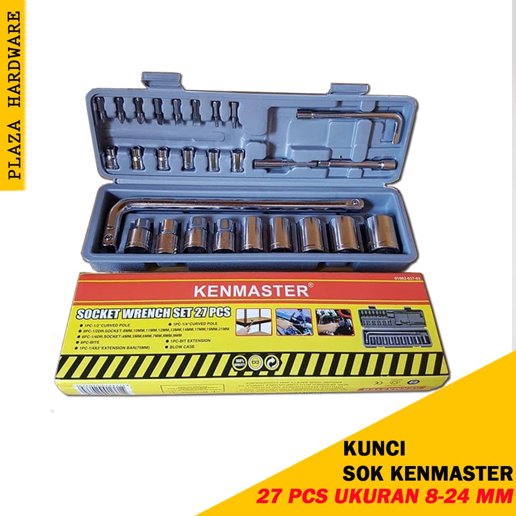 KUNCI SOK SOCK SHOCK UKURAN 4 MM - 21 MM GAGANG 1/2" dan 1/4"  27 PCS KENMASTER COD BAYAR DI TEMPAT