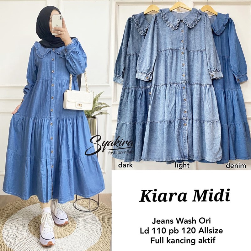 Kiara Midi Dress Jeans - Baju Gamis Susun Busui Full Kancing Polos Denim Long Dres Midi Jumbo