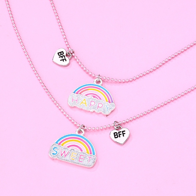 2pcs / Set Kalung Rantai Liontin Tulisan Happy Best Friends Warna Pelangi Untuk Anak Perempuan