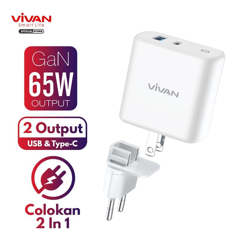 VIVAN GaN02 65W 5.4A GaN Technology QC4.0 USB &amp; Type-C Port US EU 2in1 Travel USB Charger